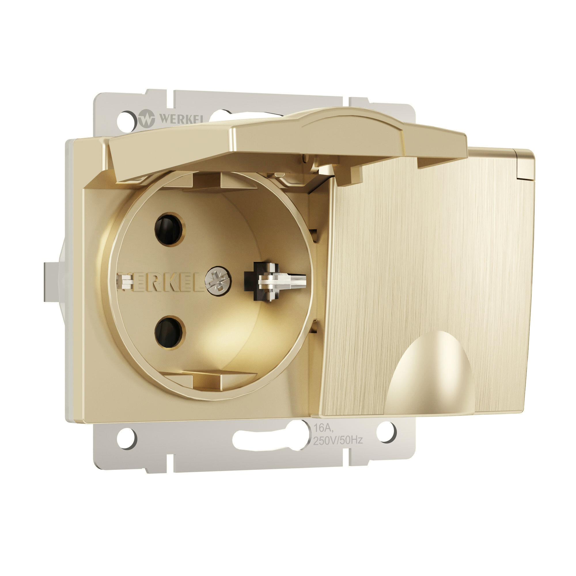 Розетка двойная влагозащ. с зазем. с защит. крышками и шторками (шампань рифленый) Werkel