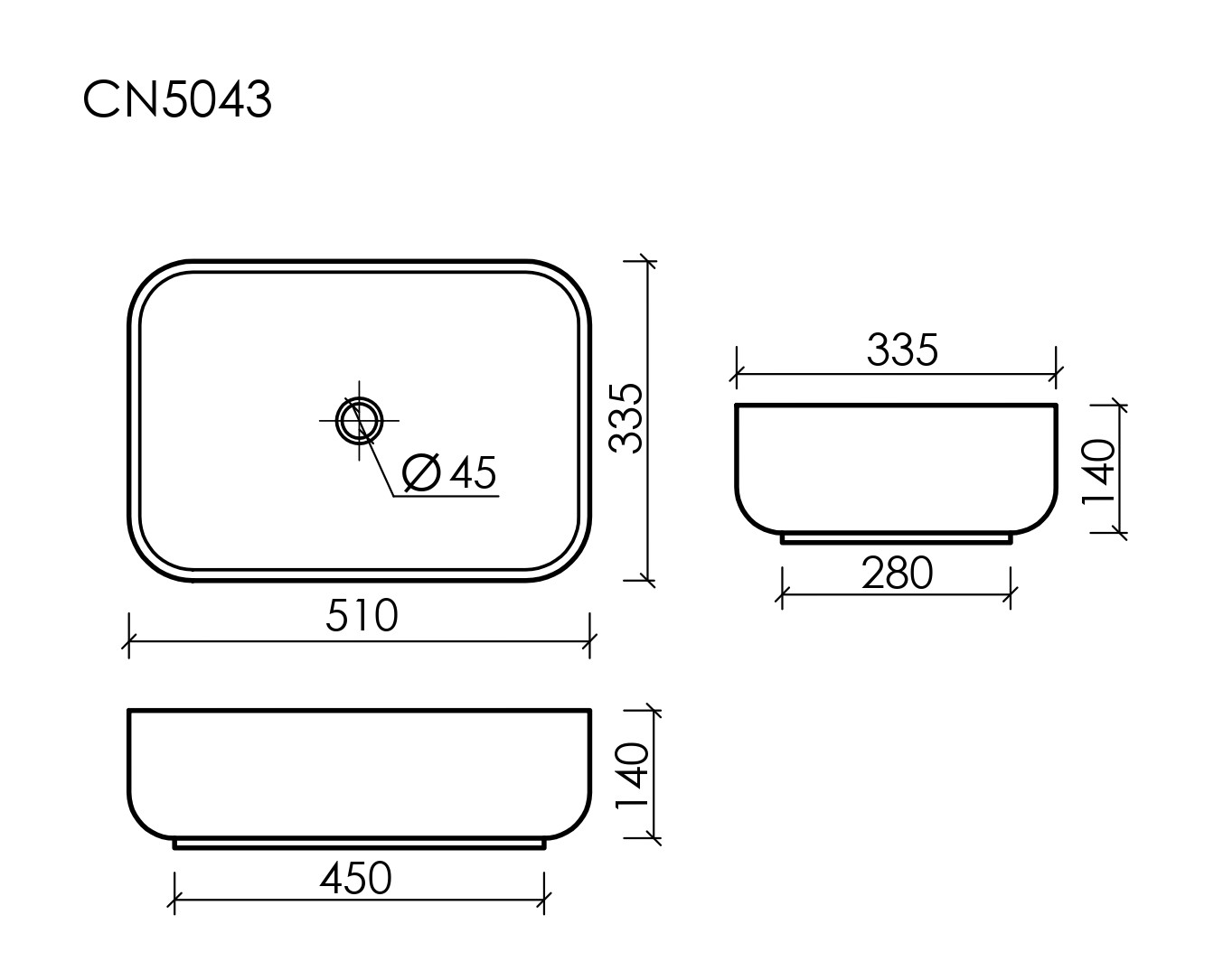 Умывальник чаша накладная прямоугольная CN5043