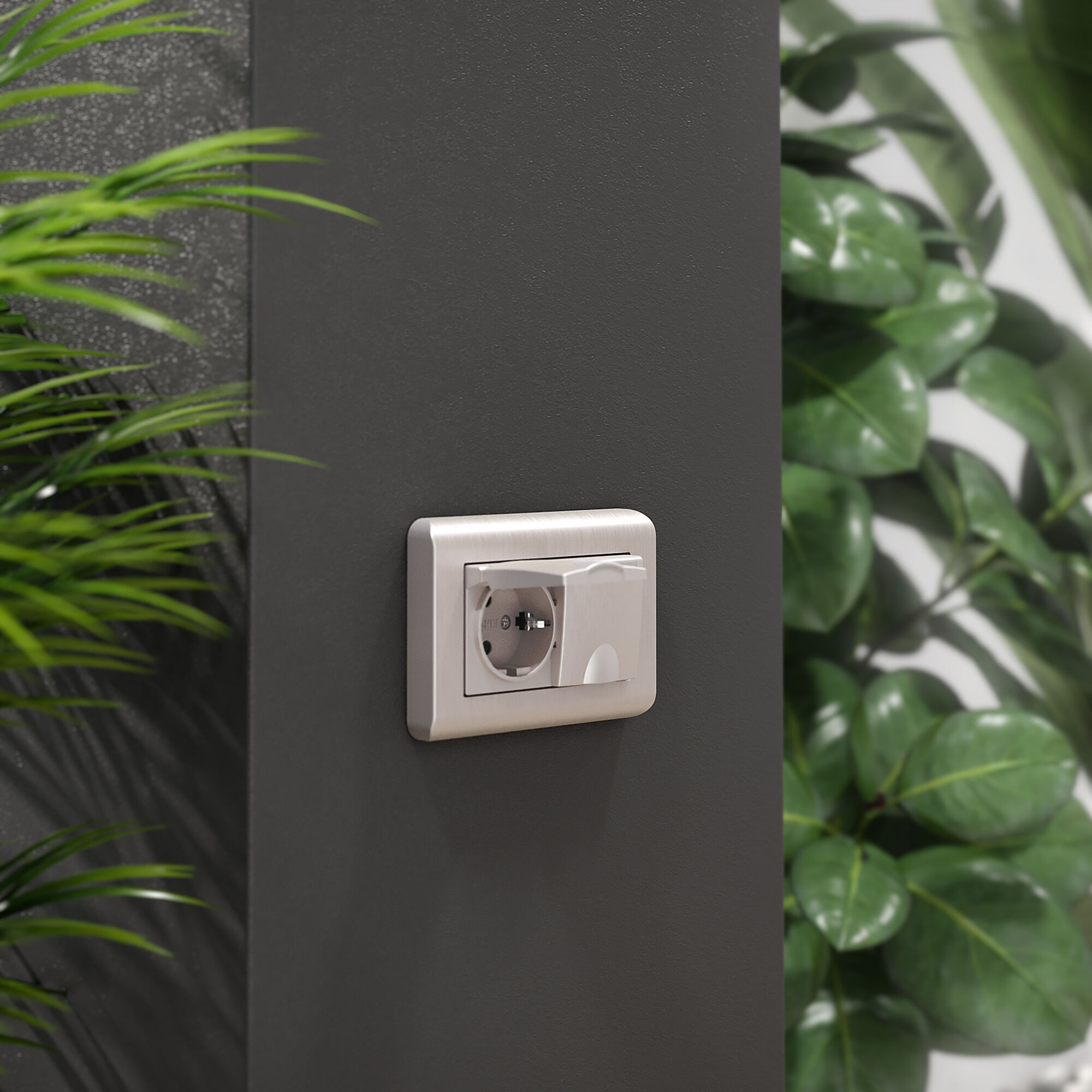 Розетка двойная влагозащ. с зазем. с защит. крышками и шторками (перламутровый рифленый) Werkel