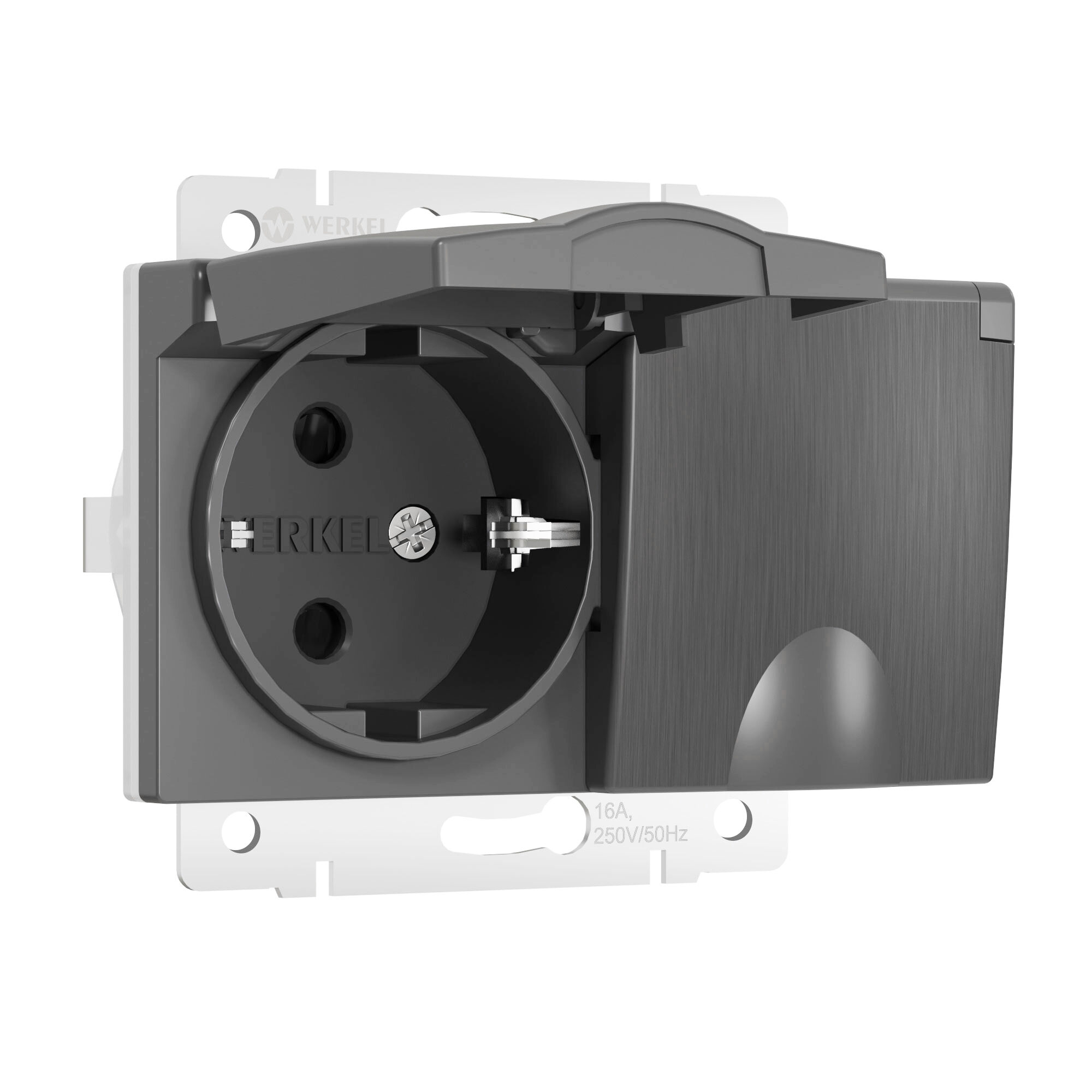 Розетка двойная влагозащ. с зазем. с защит. крышками и шторками (графит рифленый) Werkel