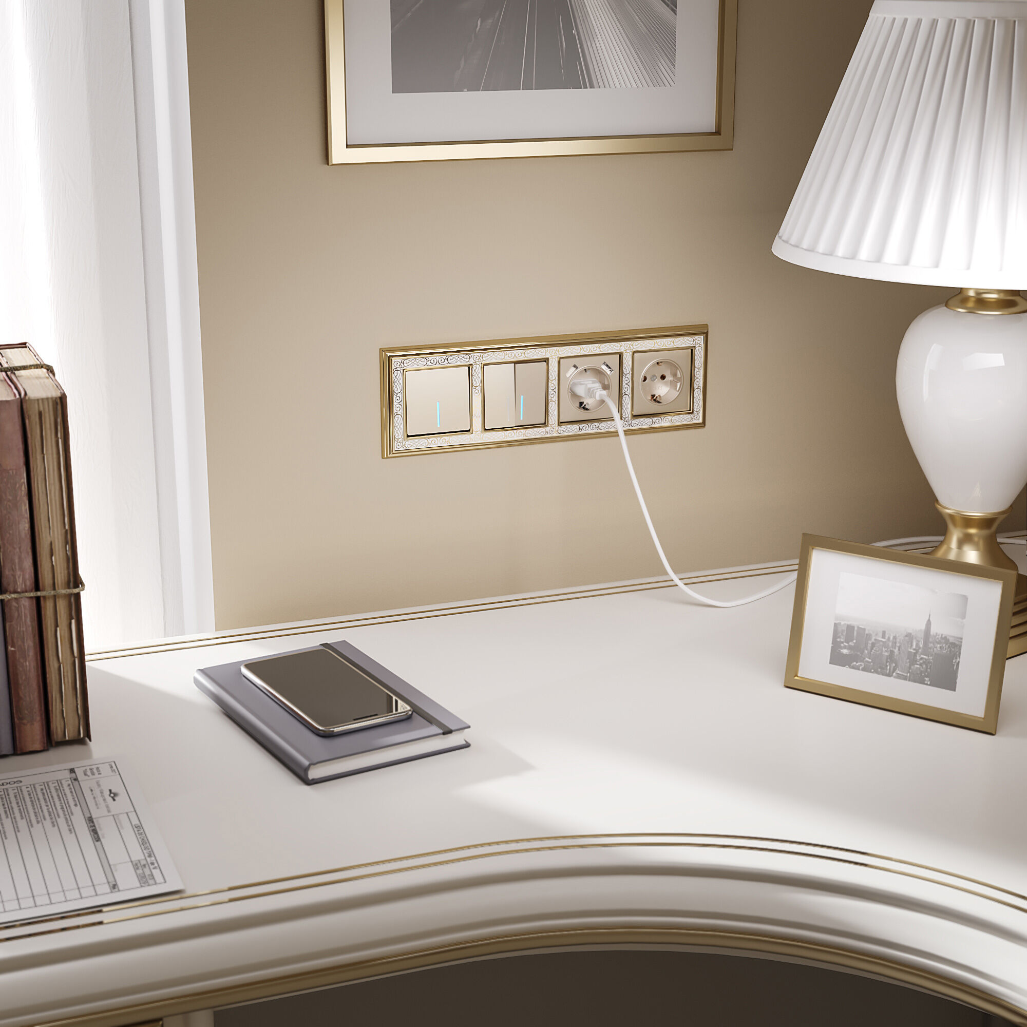 Выключатель двухклавишный проходной с подсветкой (шампань) Werkel