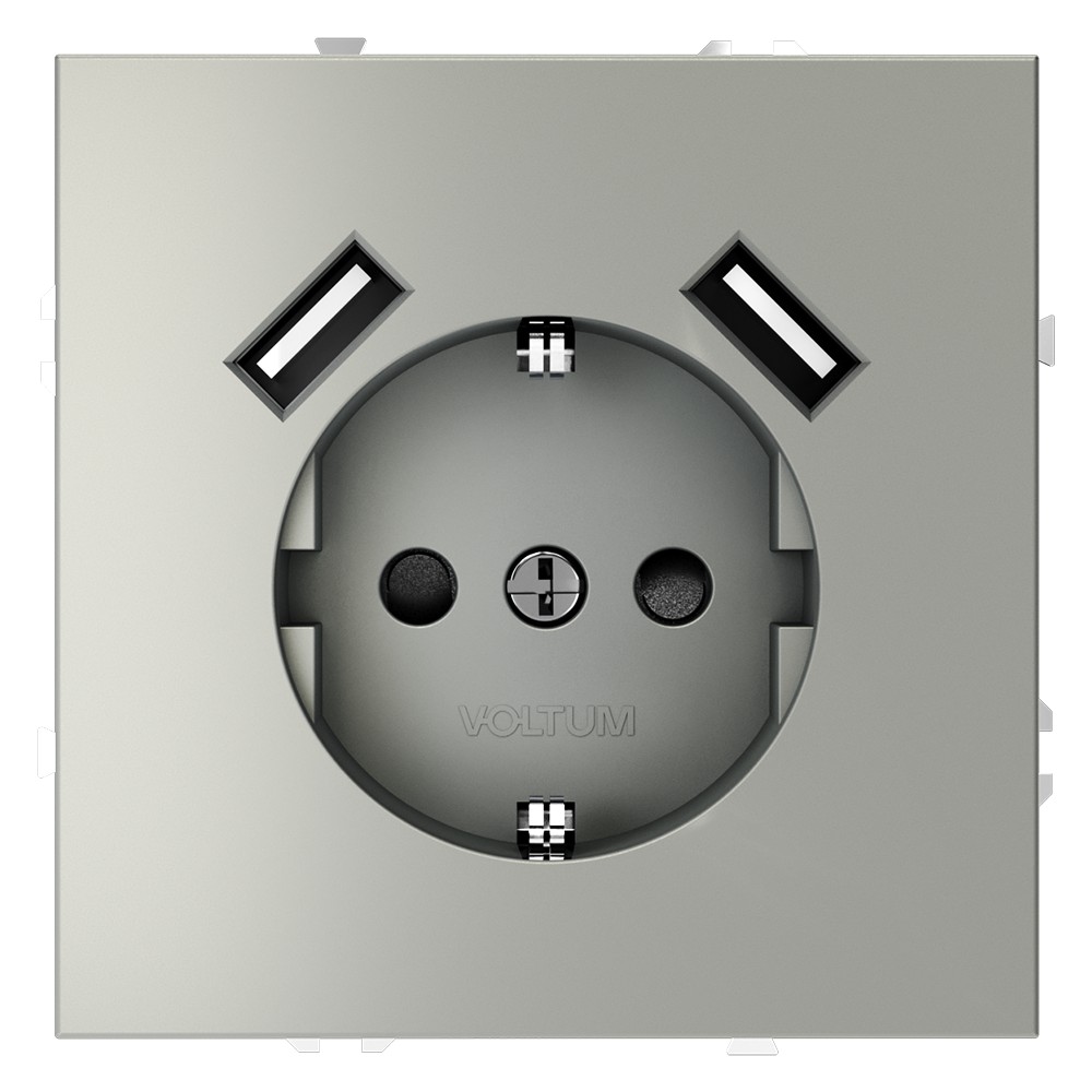 Розетка встраиваемая VOLTUM S70 с заземлением и защитными шторками, 16А, с USB, A+A, (сталь)