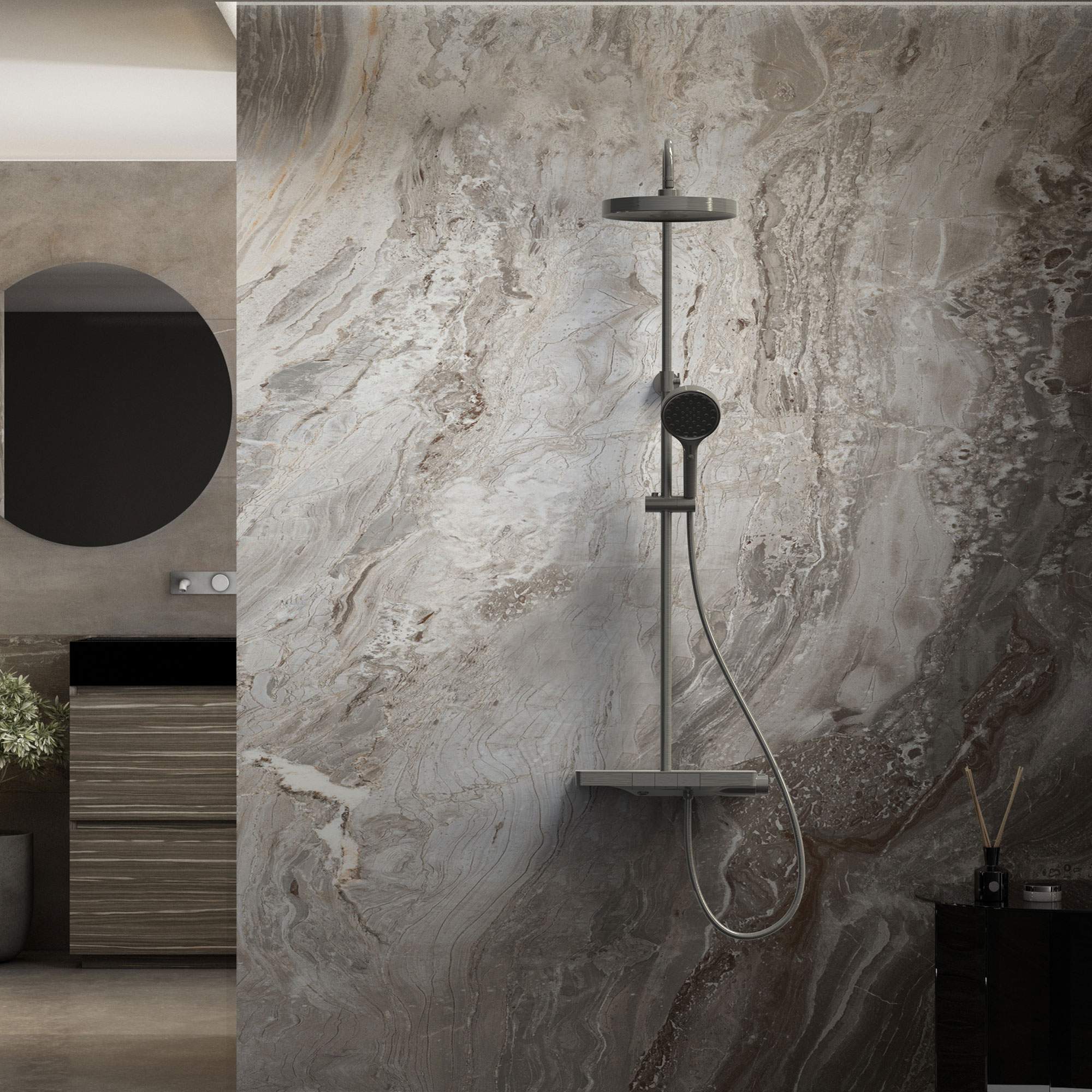 Душевая стойка Vincea Inspire VSFS-3I12TGM настенная цвет вороненая сталь