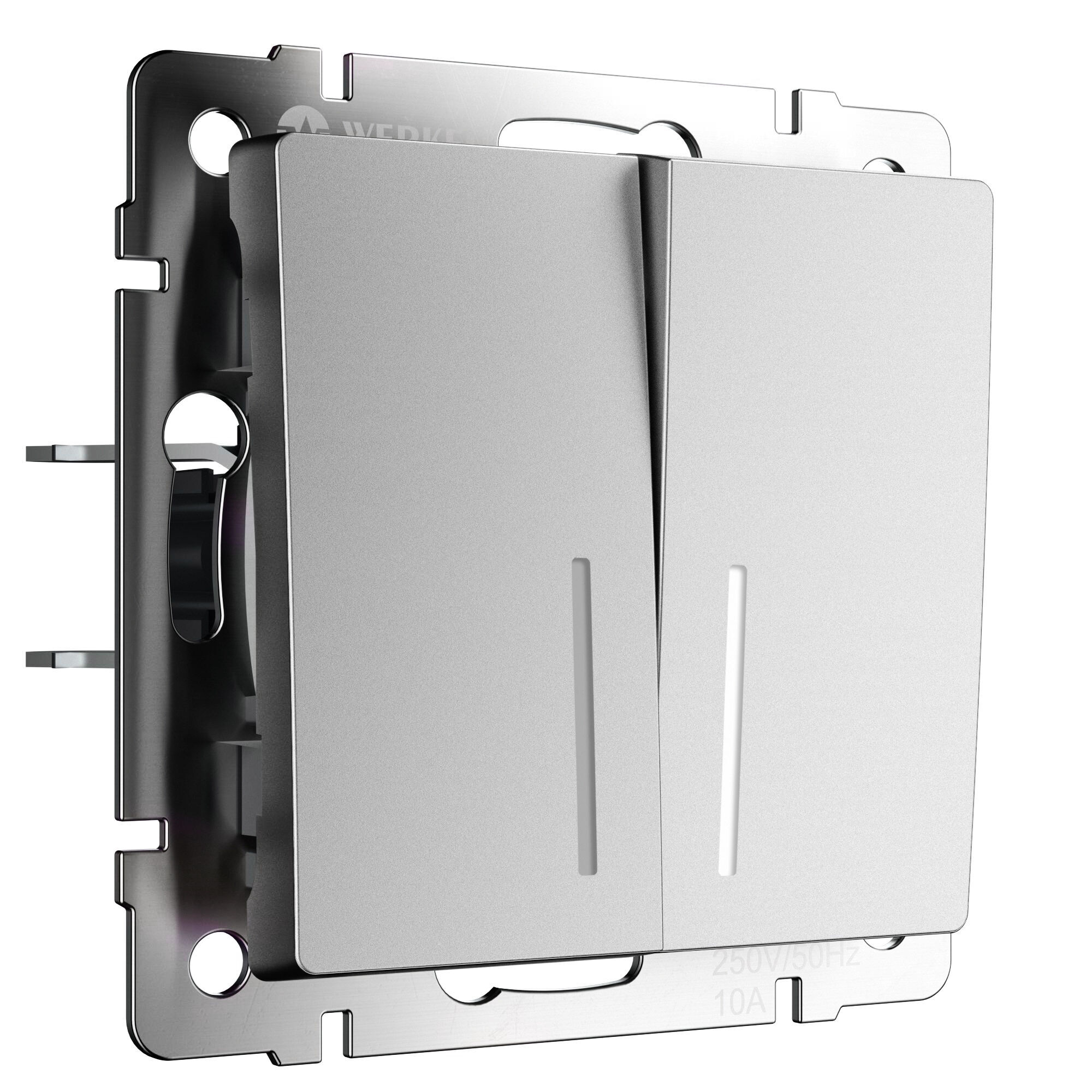 Выключатель двухклавишный проходной с подсветкой (серебряный матовый) Werkel