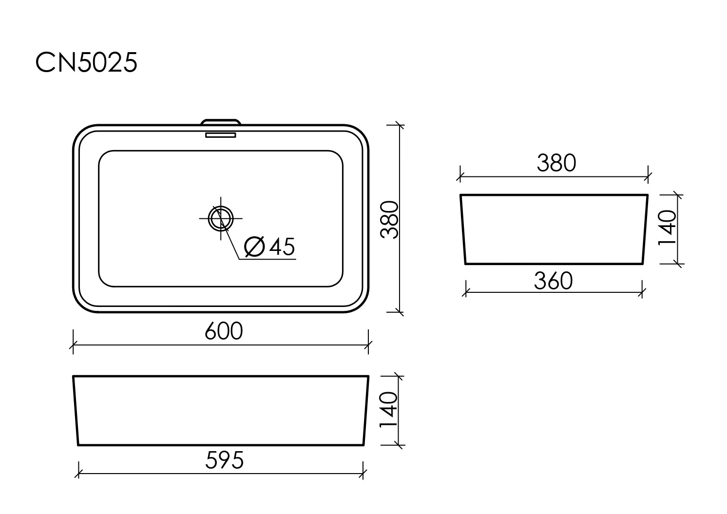 Умывальник чаша накладная прямоугольная со сливом переливом CN5025