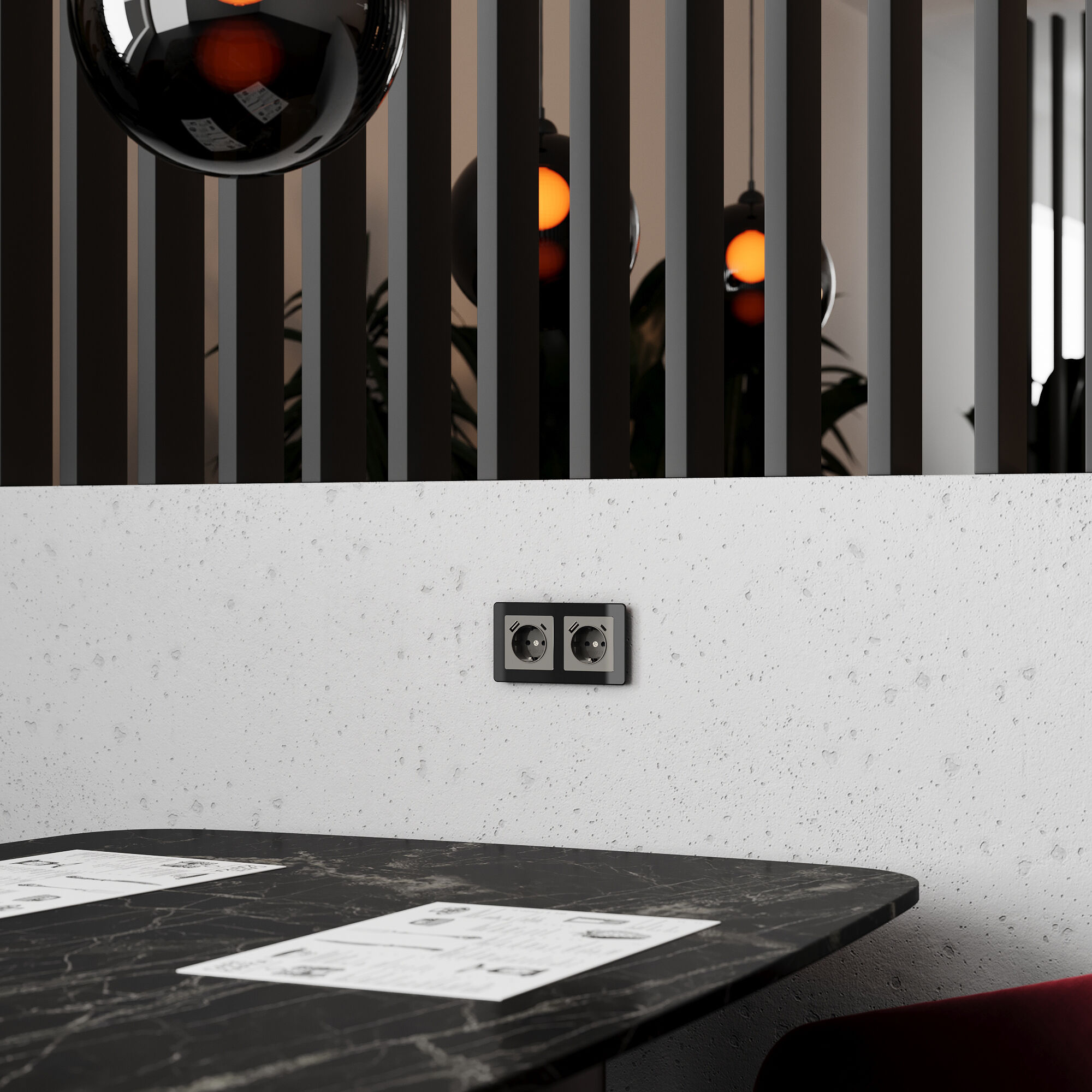 Розетка с заземлением, шторками и USB тип A+C (графит акрил) Werkel