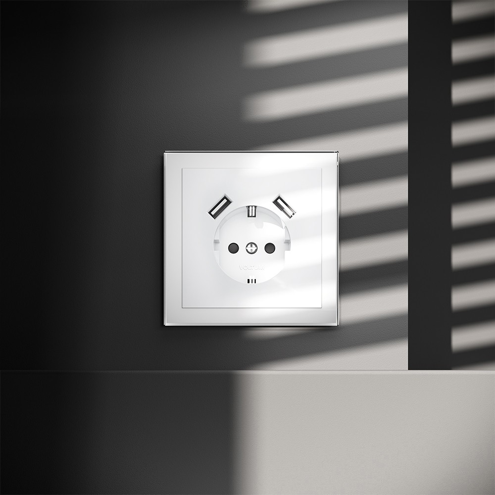 Розетка встраиваемая VOLTUM S70 с заземлением и защитными шторками, 16А, с USB, A+A, (белый глянцевый)