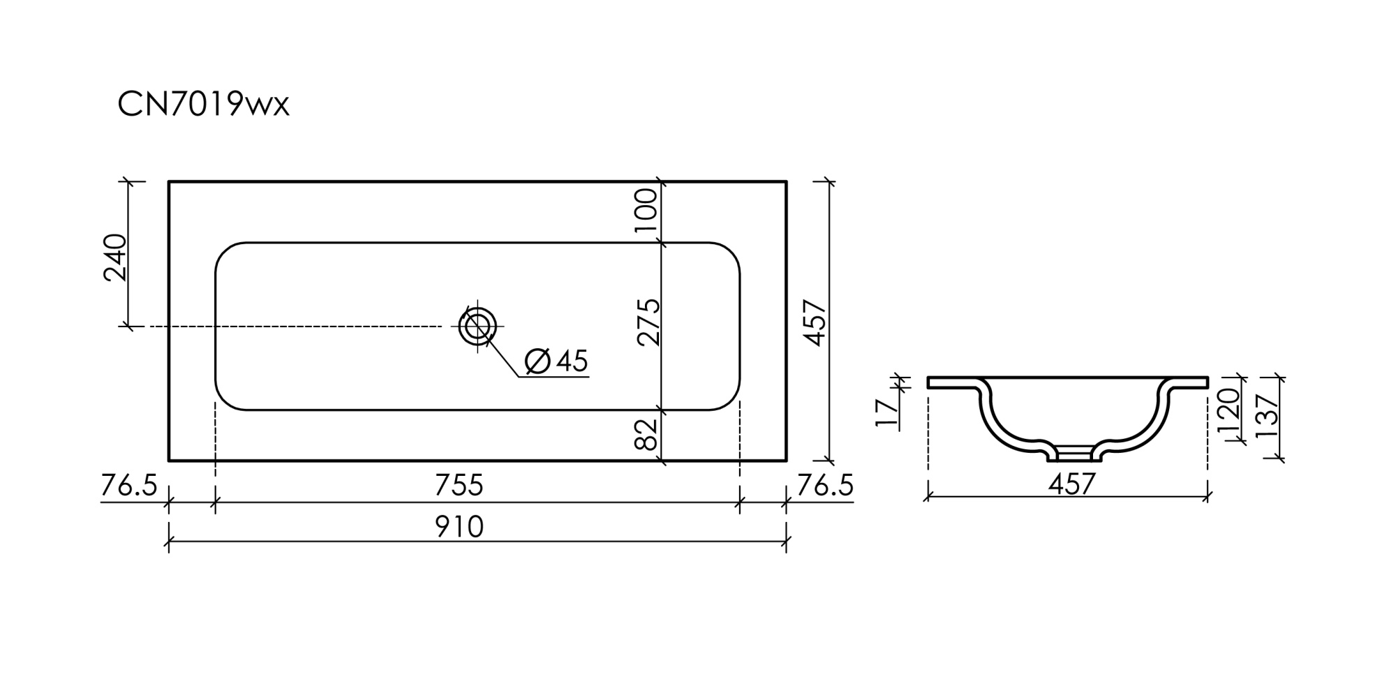 Раковина накладная мебельная прямоугольная без отверстия под смеситель CN7019Wx