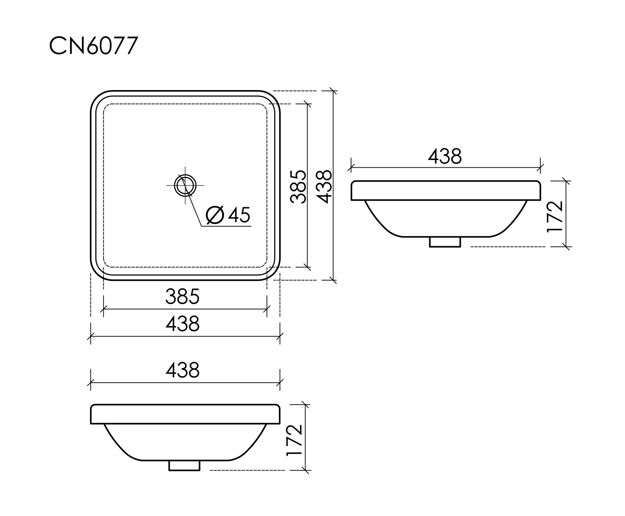 Раковина встраиваемая сверху с отверстием слива - перелива квадратной формы CN6077