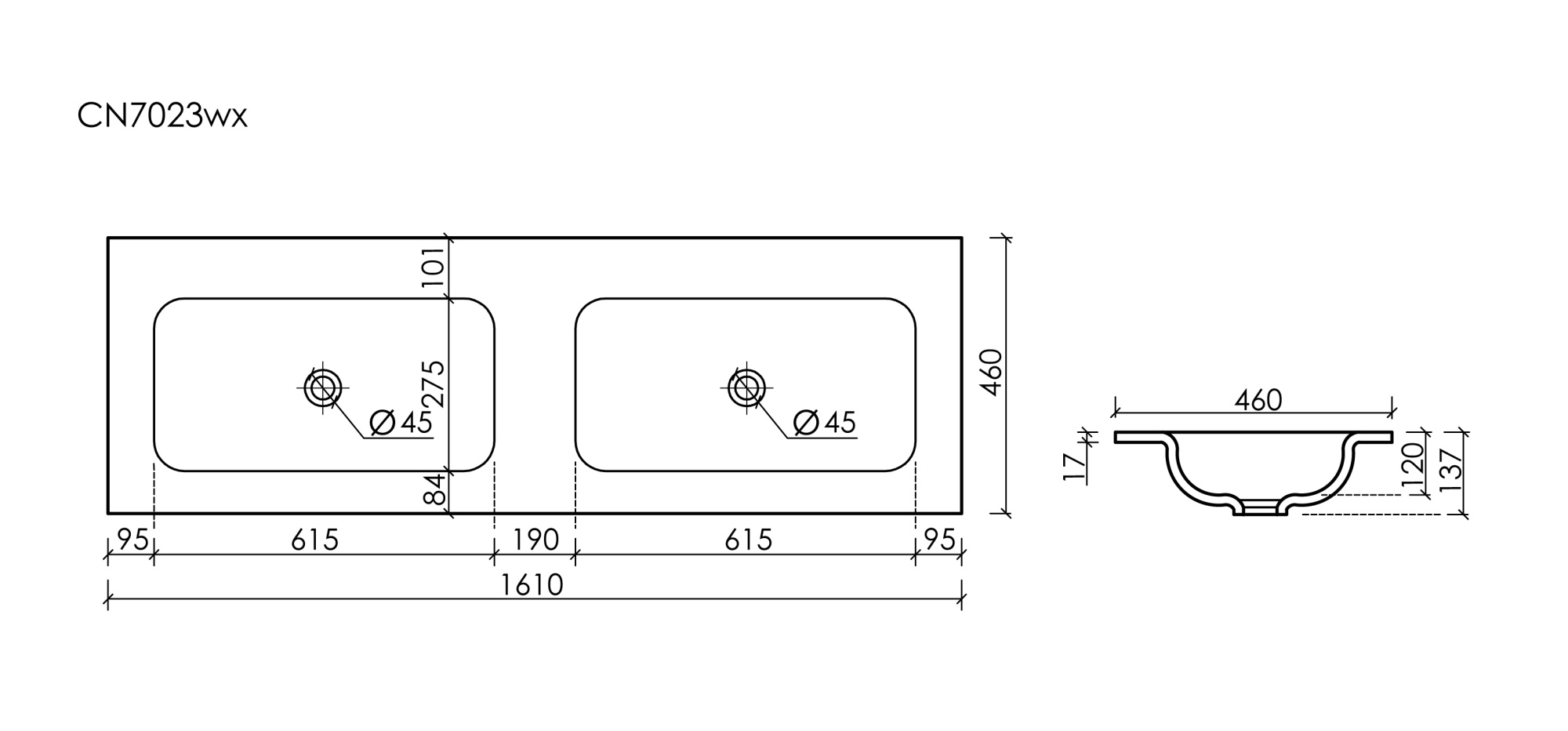 Раковина накладная мебельная Grace прямоугольная с двумя чашами без отверстий под смеситель CN7023MBwx