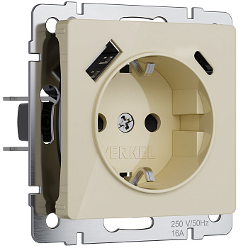 Розетка с заземлением, шторками и USB тип A+C (айвори акрил) Werkel