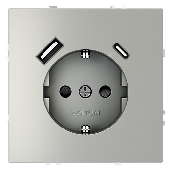 Розетка встраиваемая VOLTUM S70 с заземлением и защитными шторками, 16А, с USB, A+С, (сталь)