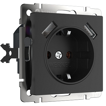 Розетка с заземлением, шторками и USBх2 (черный матовый) Werkel