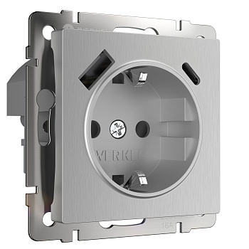 Розетка с быстрой зарядкой USB Type A+С серебряный рифленый Werkel