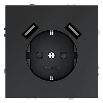 Розетка встраиваемая VOLTUM S70 с заземлением и защитными шторками, 16А, с USB, A+A, (графит)