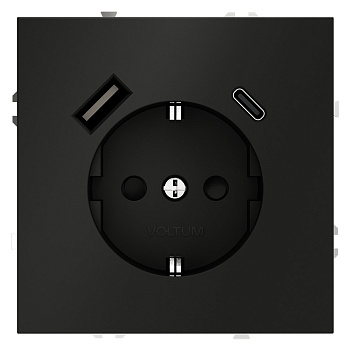 Розетка встраиваемая VOLTUM S70 с заземлением и защитными шторками, 16А, с USB, A+С, (черный матовый)