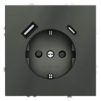 Розетка встраиваемая VOLTUM S70 с заземлением и защитными шторками, 16А, с USB, A+С, (титан)