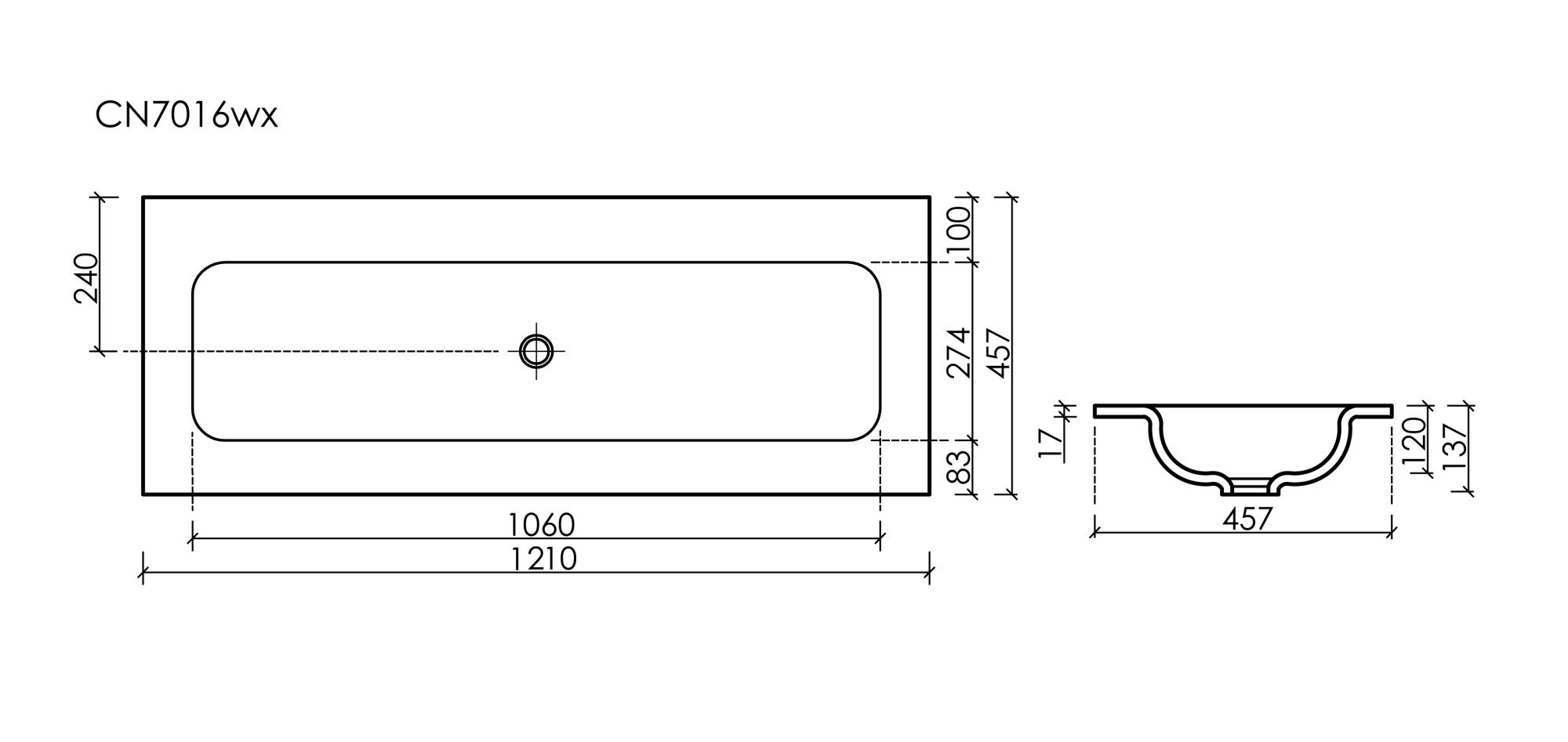 Раковина накладная прямоугольная, без отверстия под смеситель CN7016wx