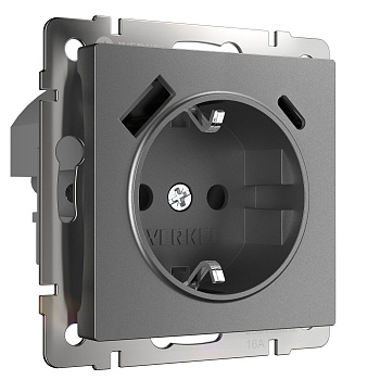 Розетка с заземлением, шторками и USB тип A+C (графит матовый) Werkel