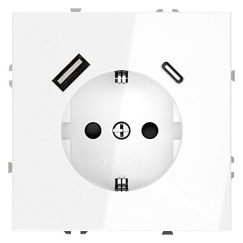 Розетка встраиваемая VOLTUM S70 с заземлением и защитными шторками, 16А, с USB, A+С, (белый глянцевый)