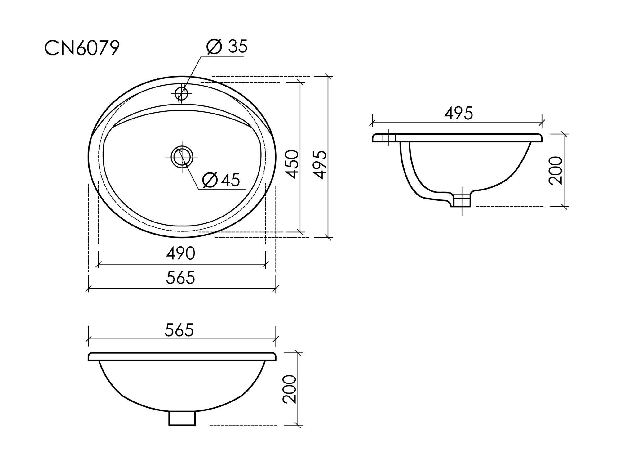 Раковина встраиваемая сверху с отверстием слива - перелива овальной формы CN6079