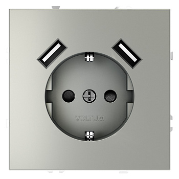 Розетка встраиваемая VOLTUM S70 с заземлением и защитными шторками, 16А, с USB, A+A, (сталь)
