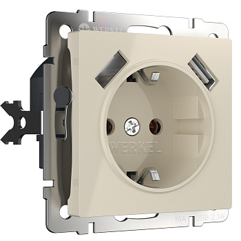 Розетка с заземлением, шторками и USBх2 (слоновая кость) Werkel