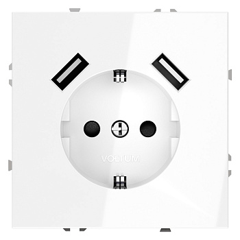 Розетка встраиваемая VOLTUM S70 с заземлением и защитными шторками, 16А, с USB, A+A, (белый глянцевый)