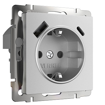 Розетка с заземлением, шторками и USB тип A+C (серебряный матовый) Werkel