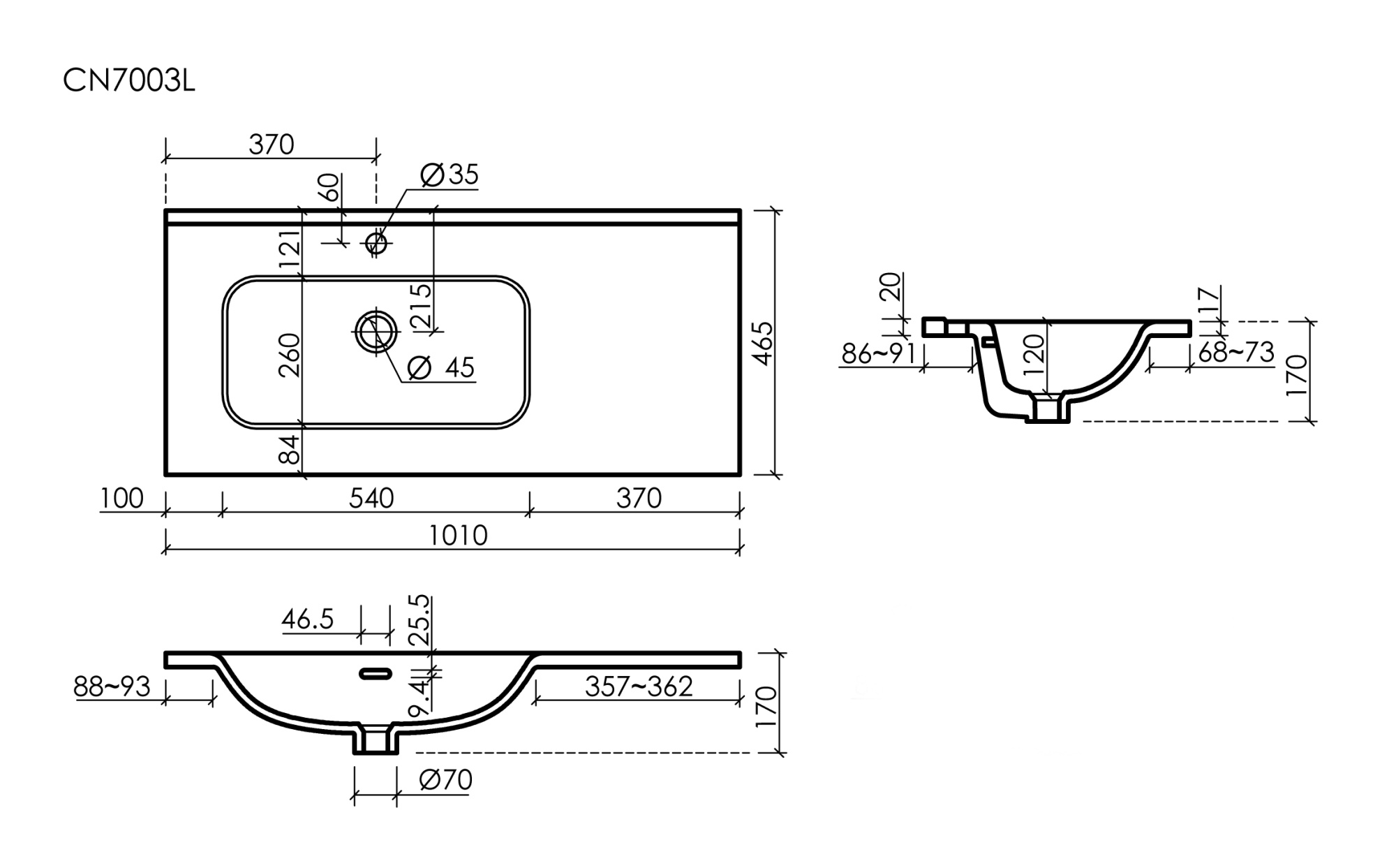 Раковина накладная мебельная, чаша слева, с отверстием под смеситель CN7003L